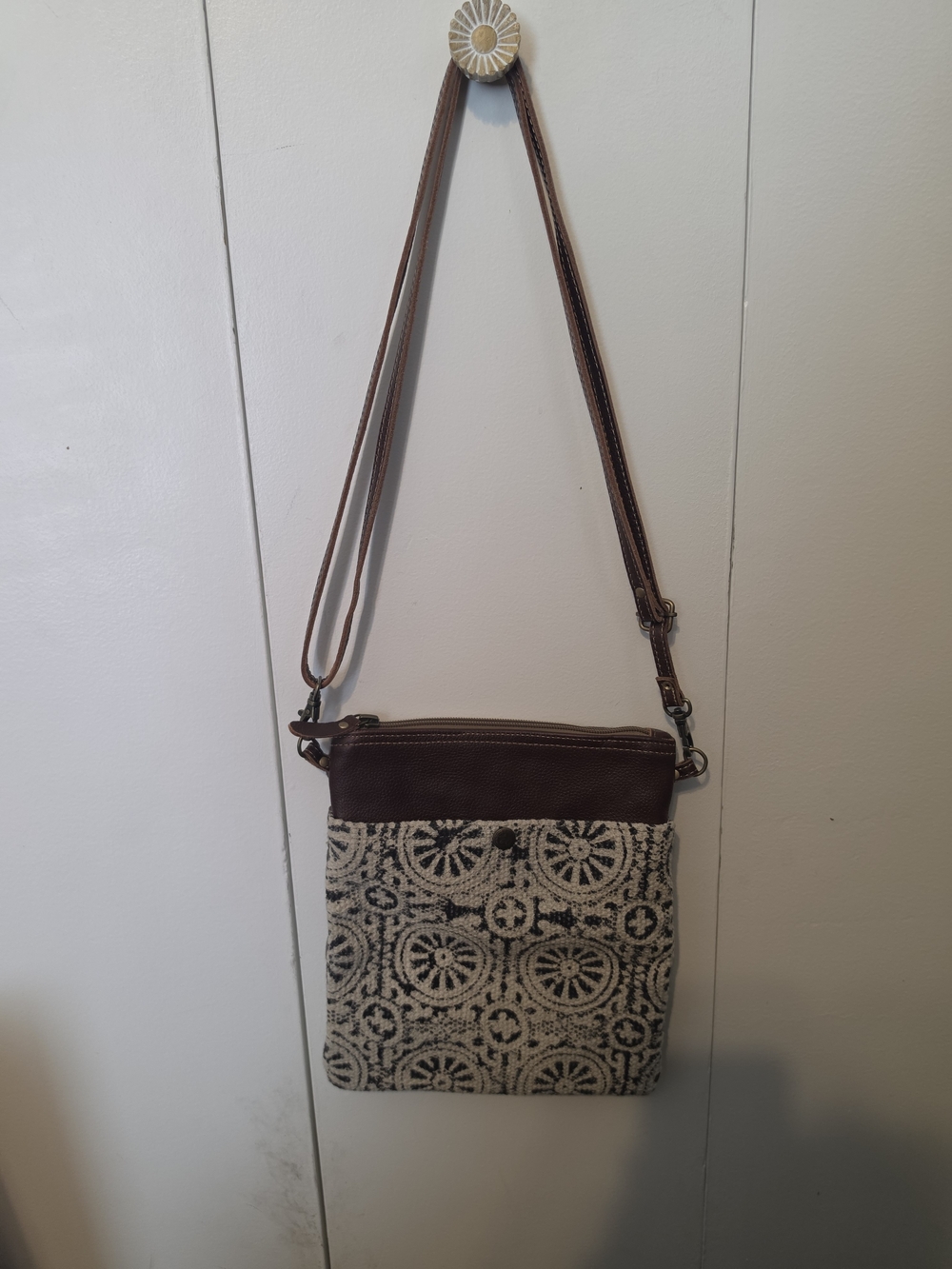 Myra Bag Brown and Cream Patterned Crossbody